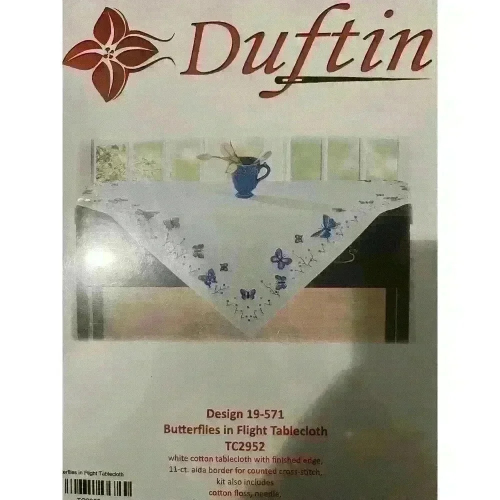 Rare Duftin Cross Stitch Tablecloth Kit 35.5x35.5 Cotton Butterflies White New
